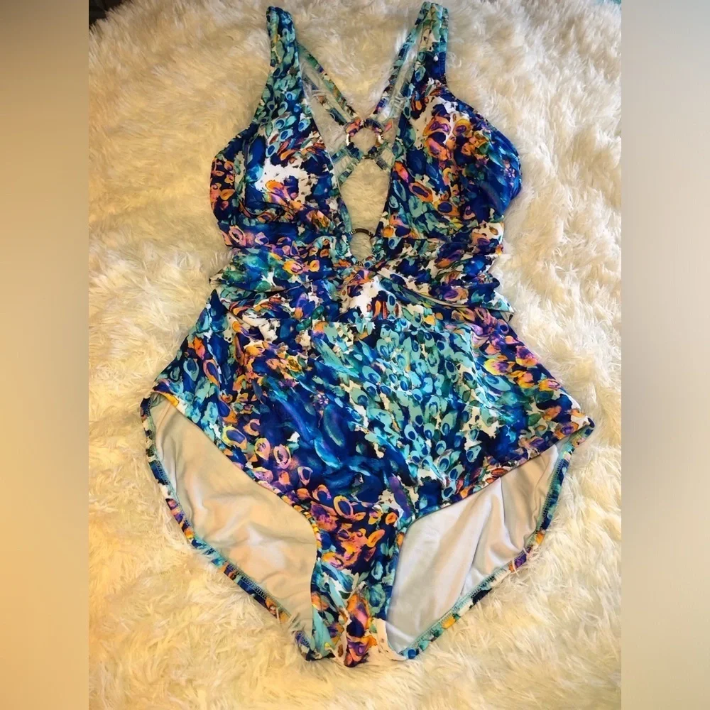 VENUS Blue and Orange One Piece Swimsuit with Plunging V-neckline